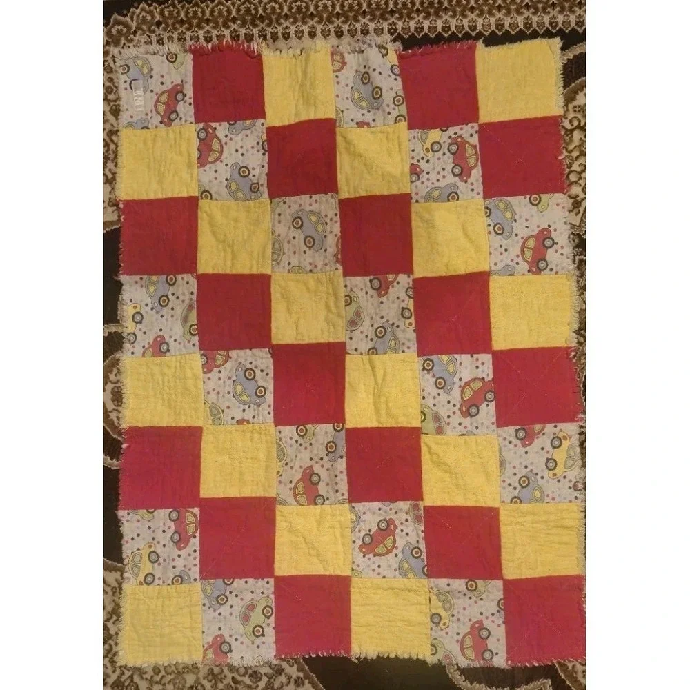 Handmade Rag‎ Quilt Baby Blanket  Red Yellow Cars Patchwork 37x27